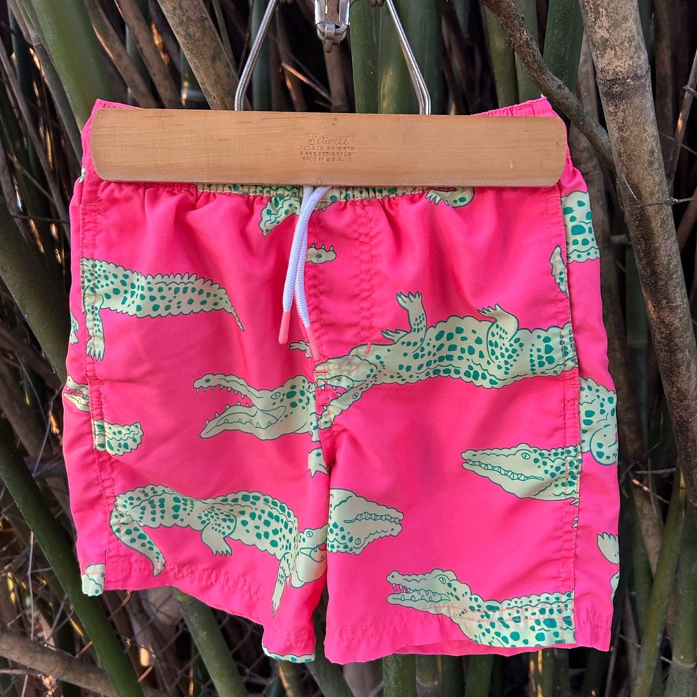 Kids Swim Trunks - Pink with Green Alligators